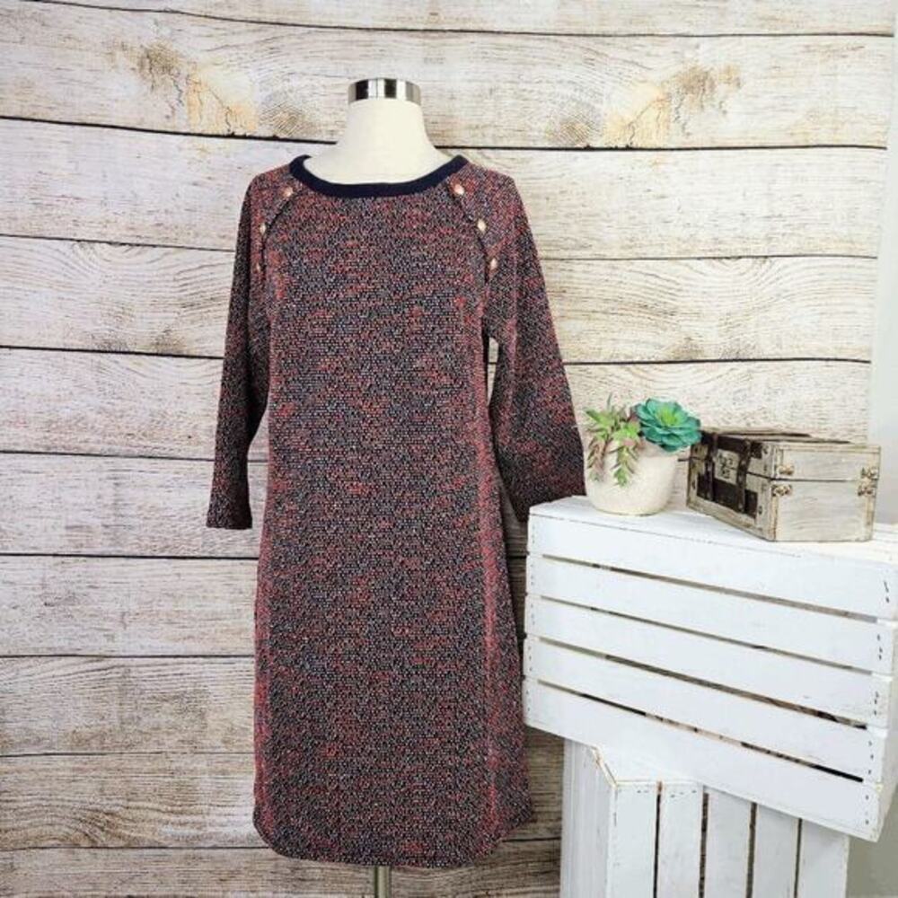 Talbots Tweed Shift Dress Navy Red 3/4 Sleeve Gold Toned Buttons Size Large